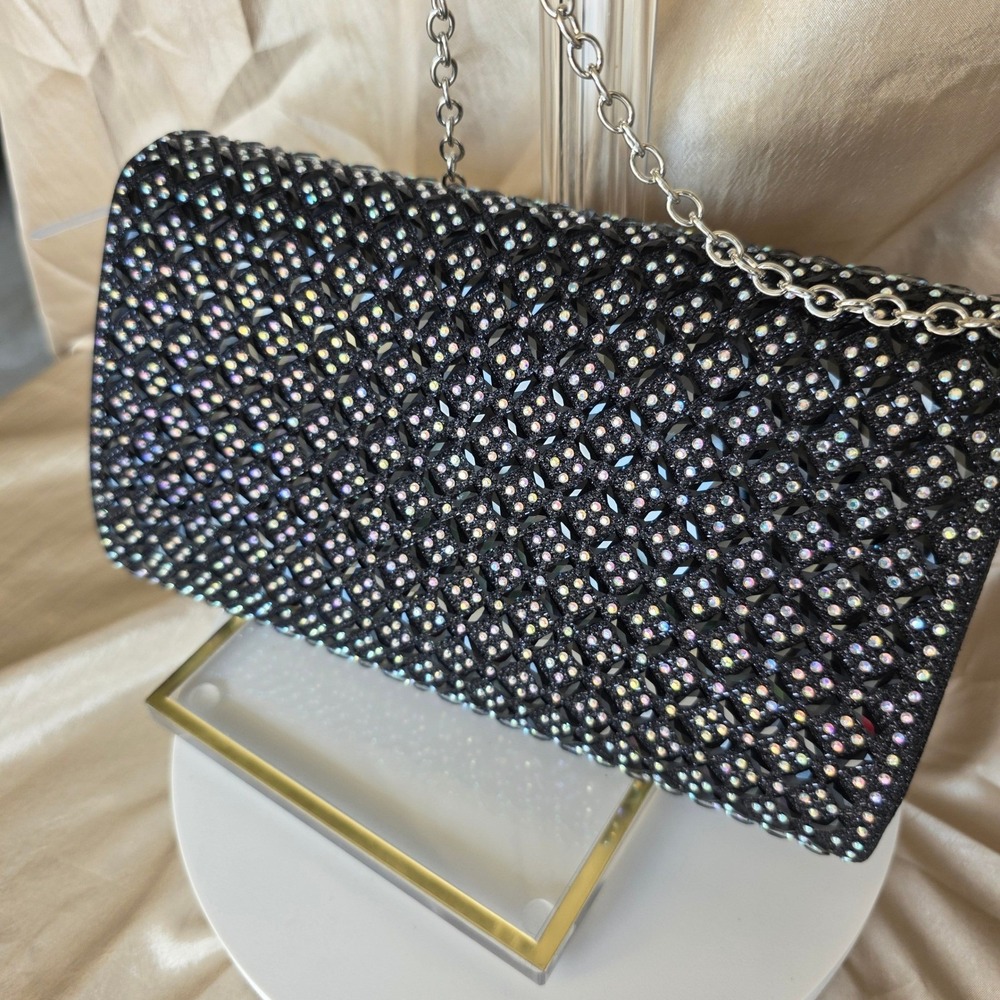 Black Iridescent Rhinestone Evening Clutch Bag with Silver Chain Strap Formal - Picture 4 of 10
